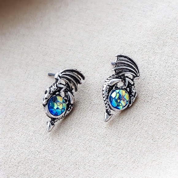 Any 2/$20! Antiqued Silver Dragons & Iridescent Mermaid Scale Stud Earrings - Picture 2 of 7
